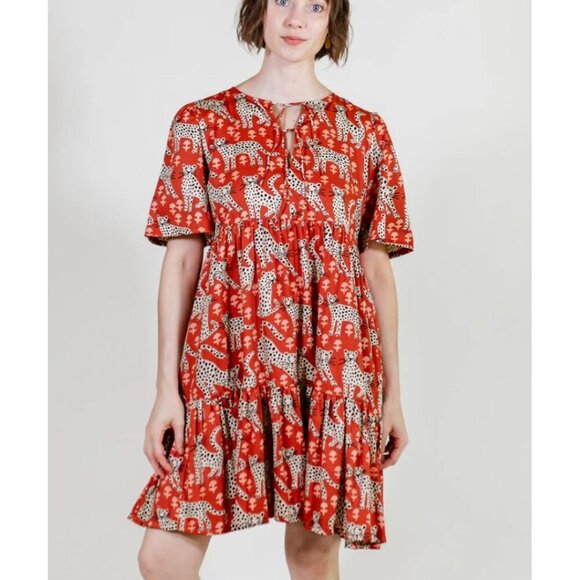 Mata Traders NWT Adelaide Tiered Mini Dress Red Poppy Leopard Size Small - Picture 1 of 9